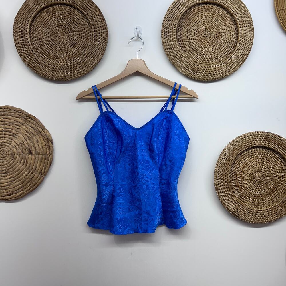 Vintage 80s Victoria's Secret Gold Label Blue Satin Tank Top Small Seamed Y2K